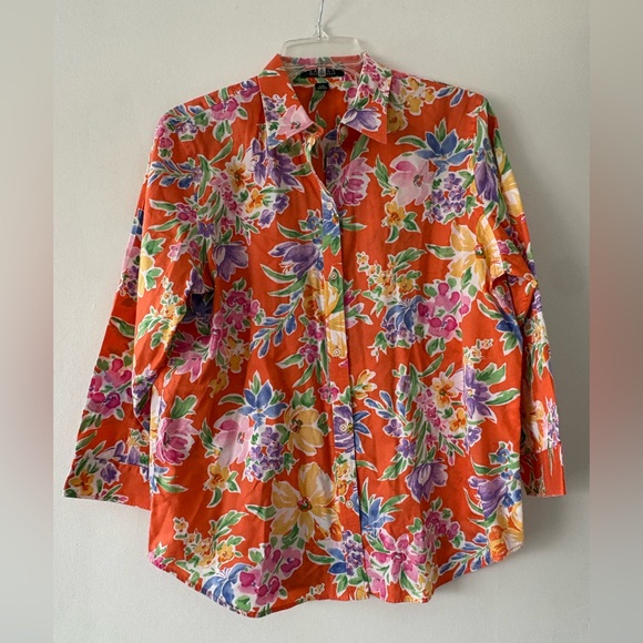 Ralph Lauren Tops - Ralph Lauren Orange tropical Floral 3/4 sleeve bottom up Shirt